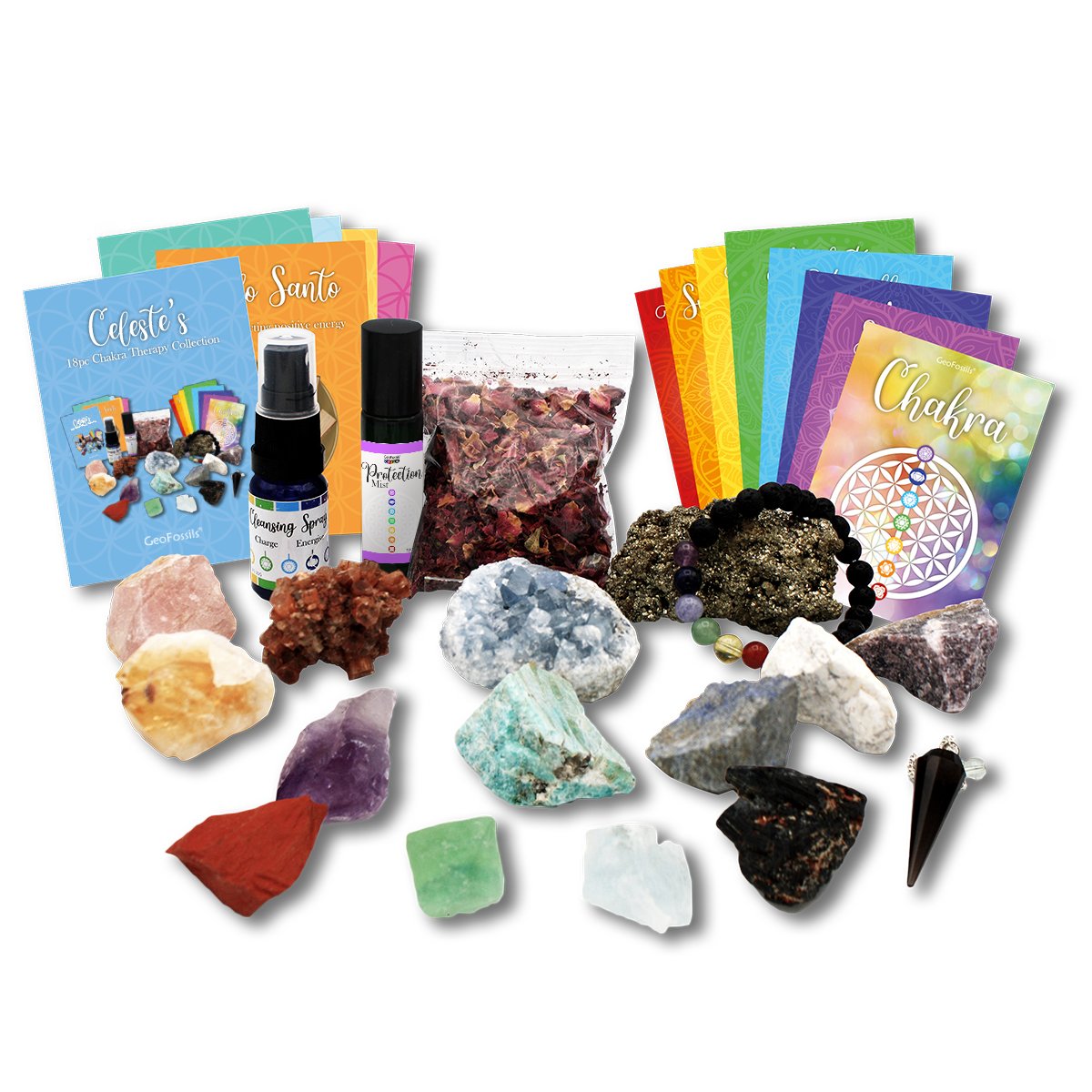 The GeoFossils Crystal Healing Set come with healing crystals, hand blended crystal cleansing spray and metaphysical guide in an organza bag.