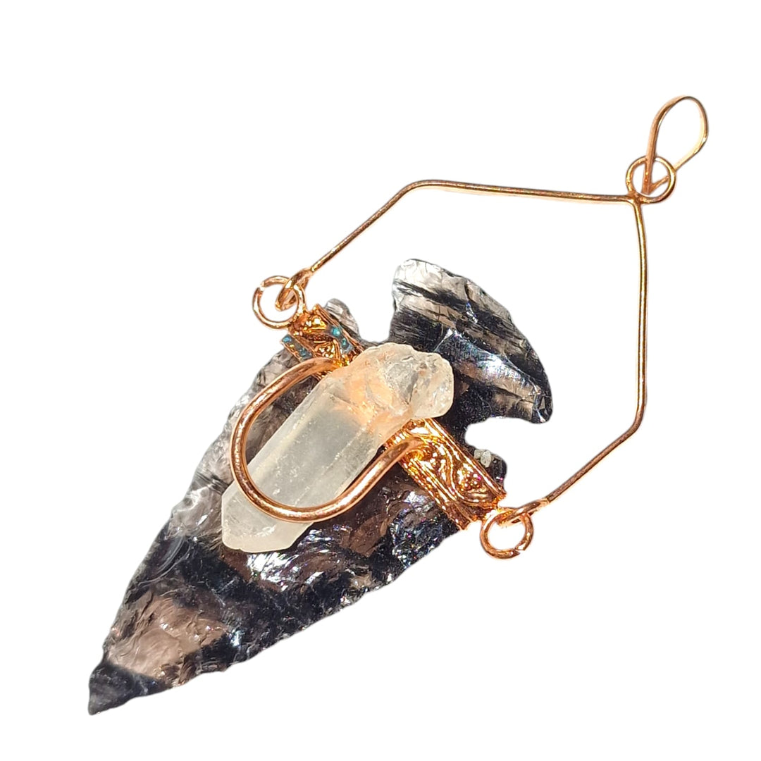 GeoFossils Midnight Lace Obsidian with Golden Healer Quartz Point in Copper