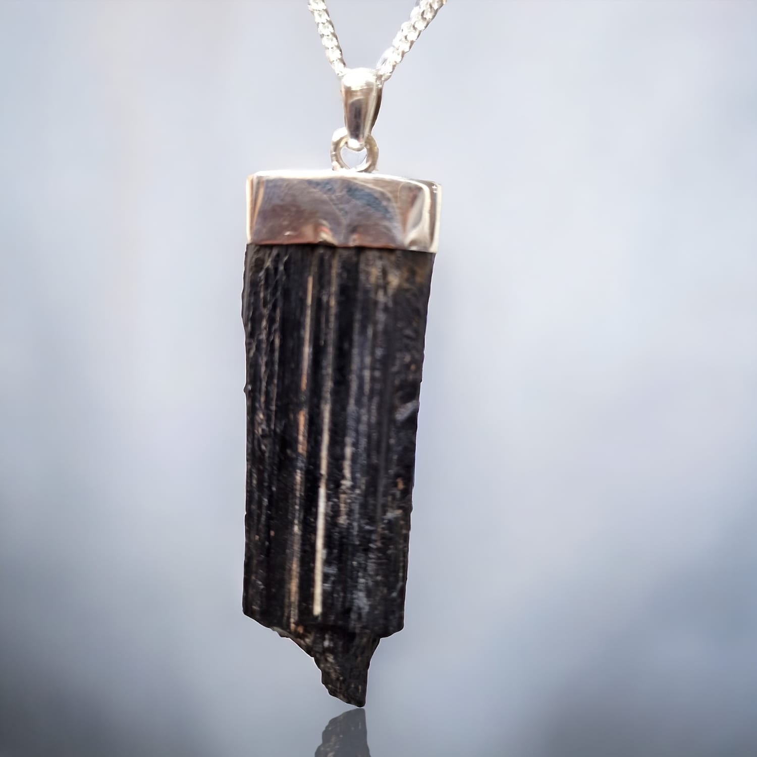 Black Tourmaline Raw with Mica Sterling Silver  Pendant