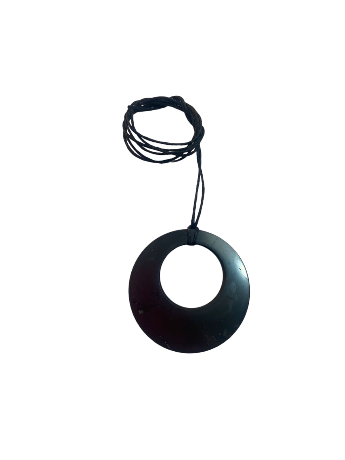 GeoFossils Large donut Shungite Black Pendant with Cotton Cord