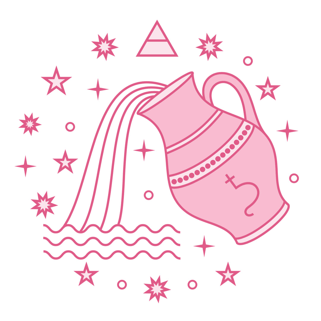 Pink illustration of a watering can with stars and triangles on a white background