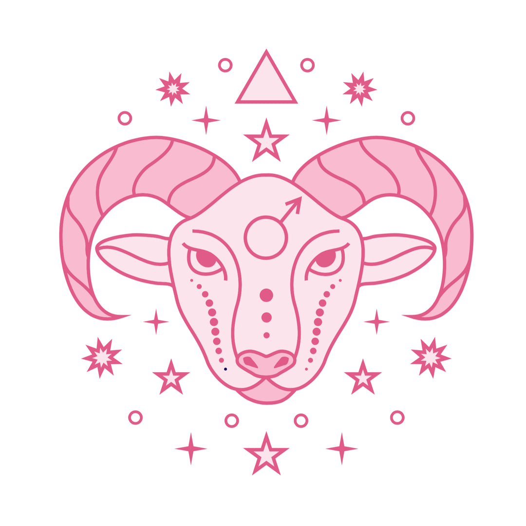 Pink ram head illustration with stars and triangles on a white background