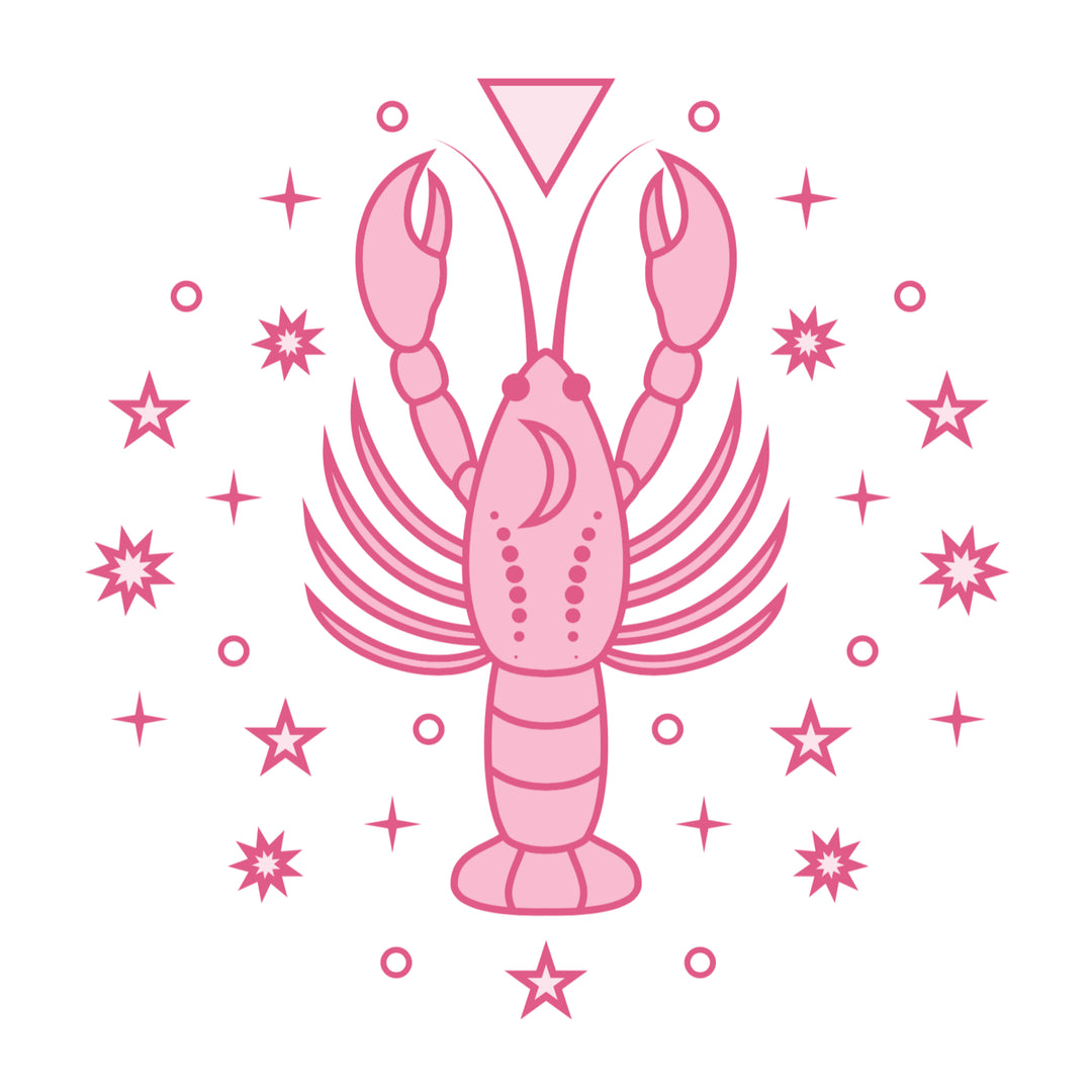 Pink lobster illustration for Cancer Zodiac on a white background with pink stars and dots