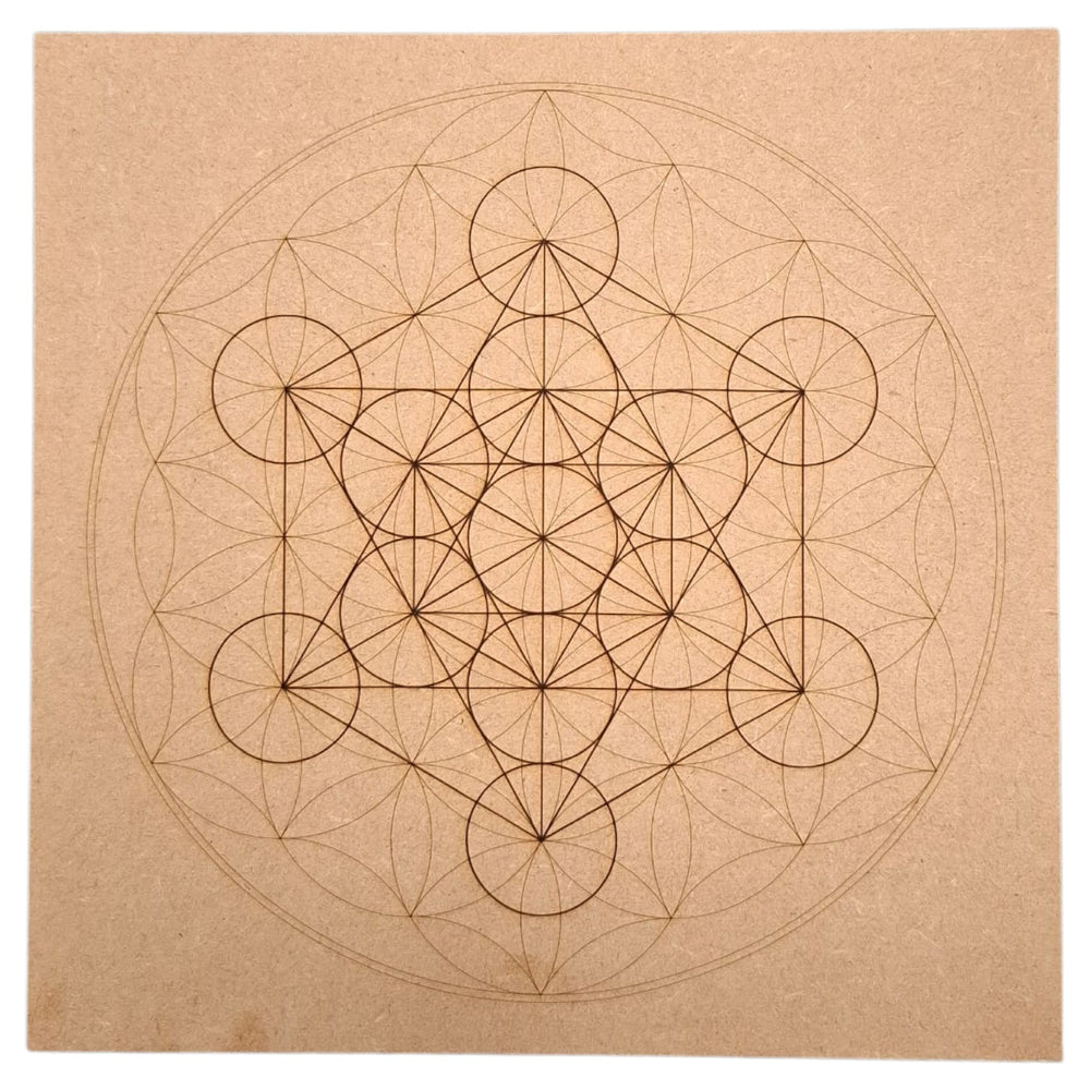 MDF crystal grid board featuring Metatron’s Cube and Flower of Life sacred geometry design, ideal for spiritual alignment and energy work.