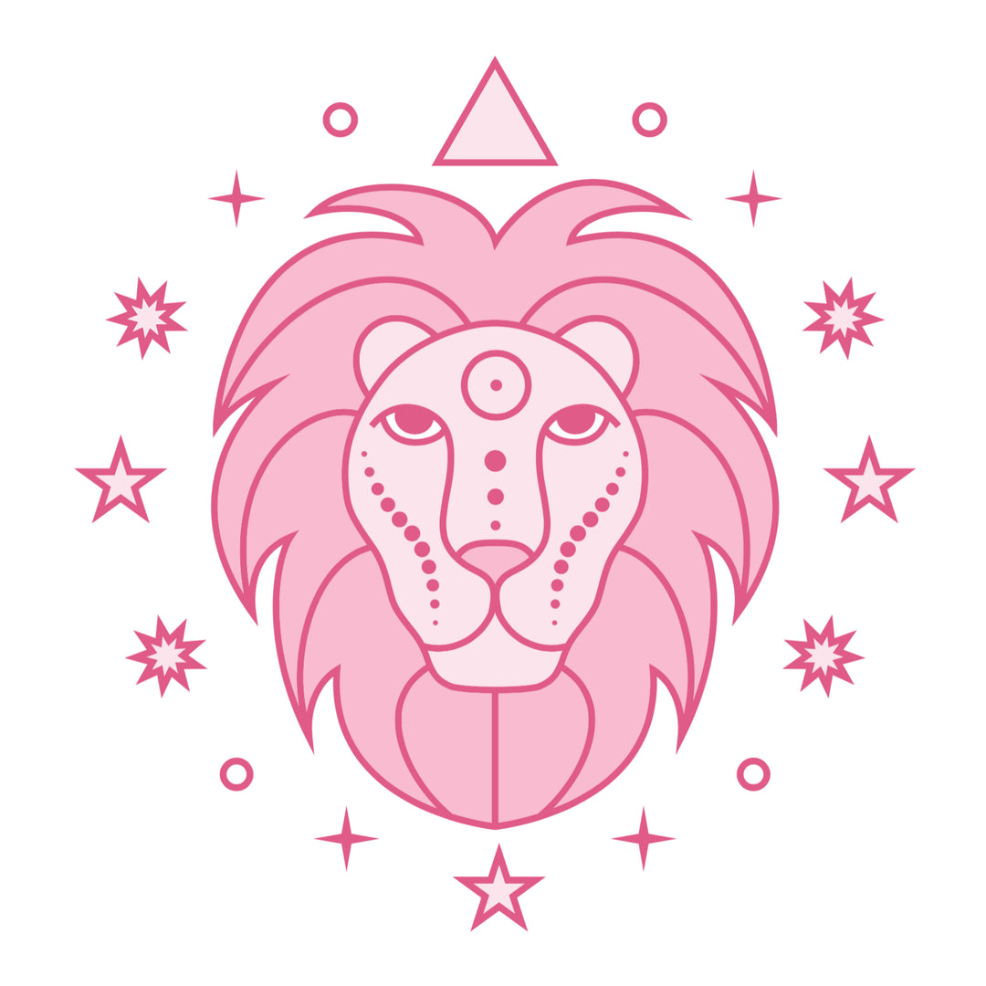 Pink lion head with stars on a white background