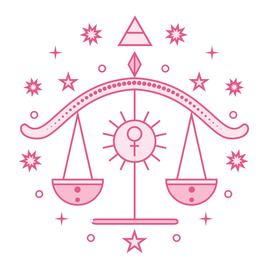 Pink Libra zodiac symbol with stars and geometric shapes on a white background