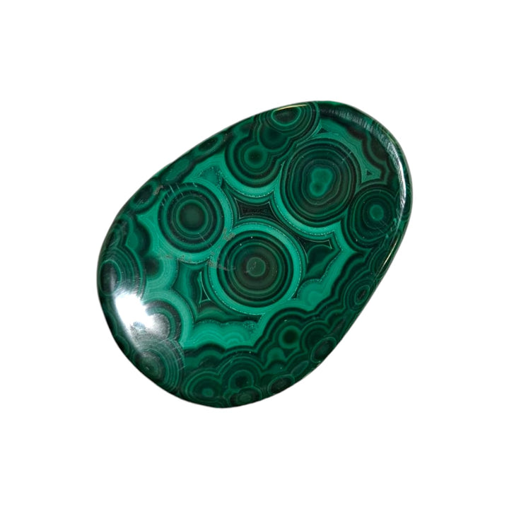 GeoFossils Malachite Worry Stone – vivid green copper carbonate crystal – protection, transformation, and heart healing – handmade in the UK.