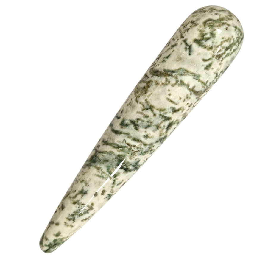GeoFossils Smooth Tree Agate Massage Wand – creamy white and green crystal wand for grounding, nature connection, emotional balance and energy healing