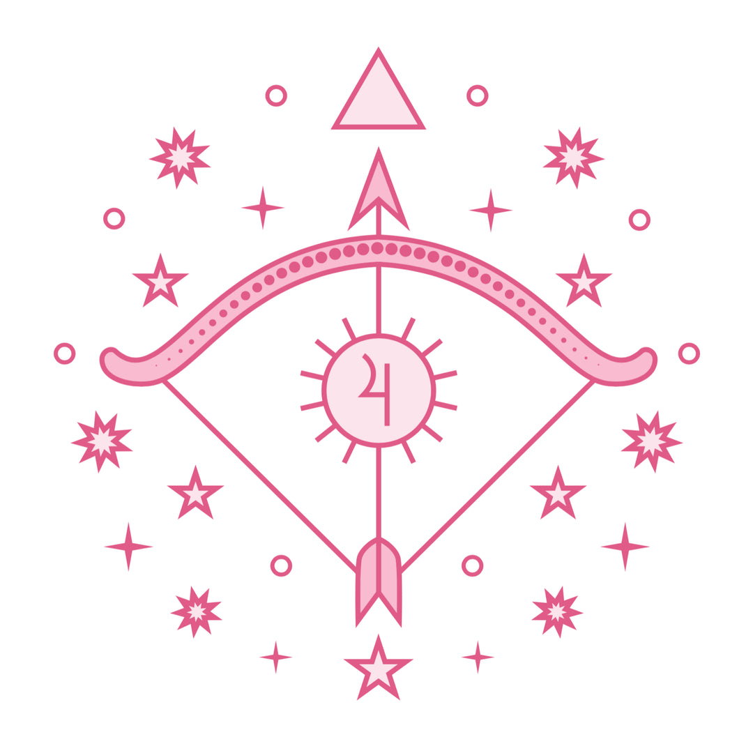 Pink archery symbol with number 24 surrounded by stars on a white background
