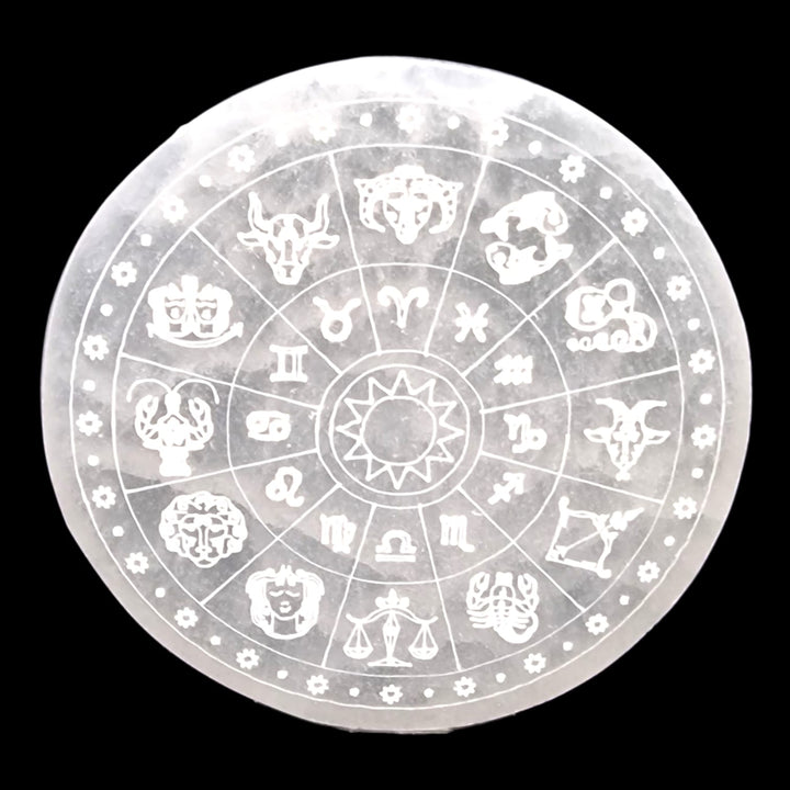 GeoFossils Selenite Zodiac Charging Disc 6cm – engraved crystal cleansing plate