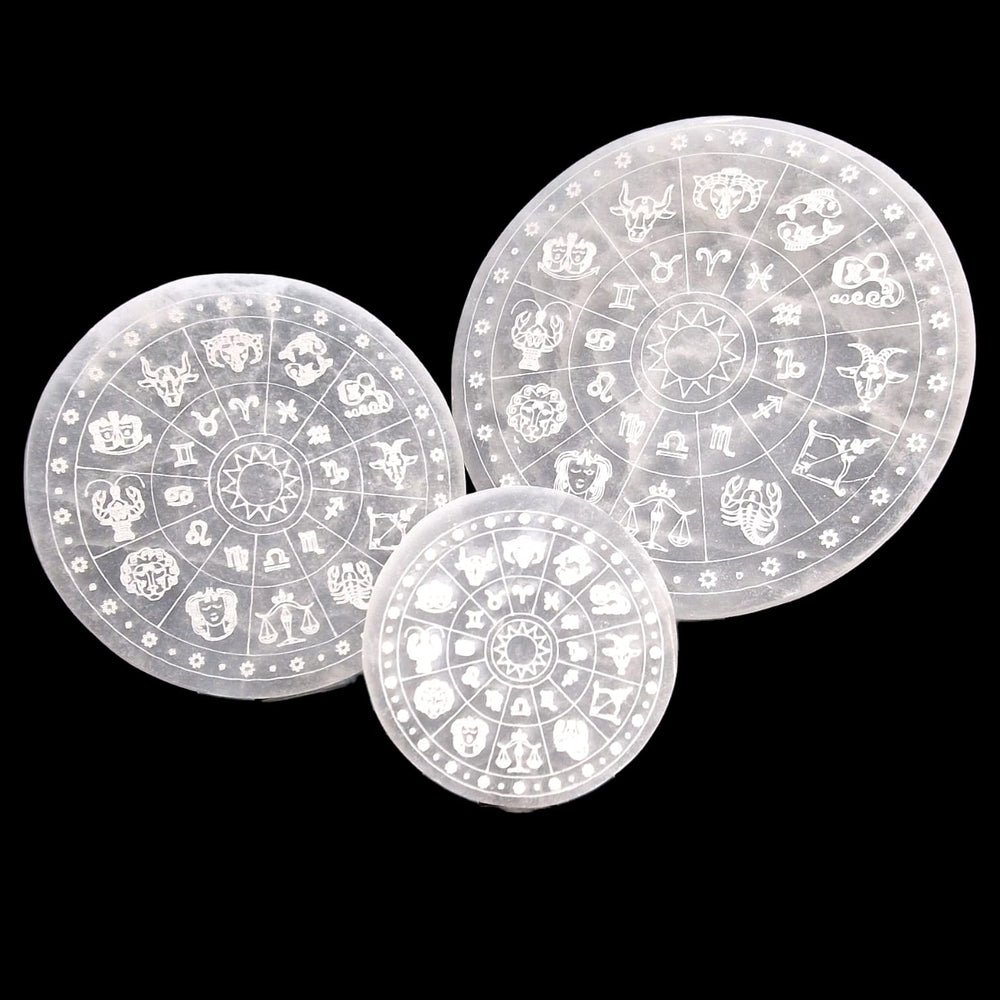 GeoFossils Selenite Zodiac Charging Disc Size Variations – celestial charging tool for crystals