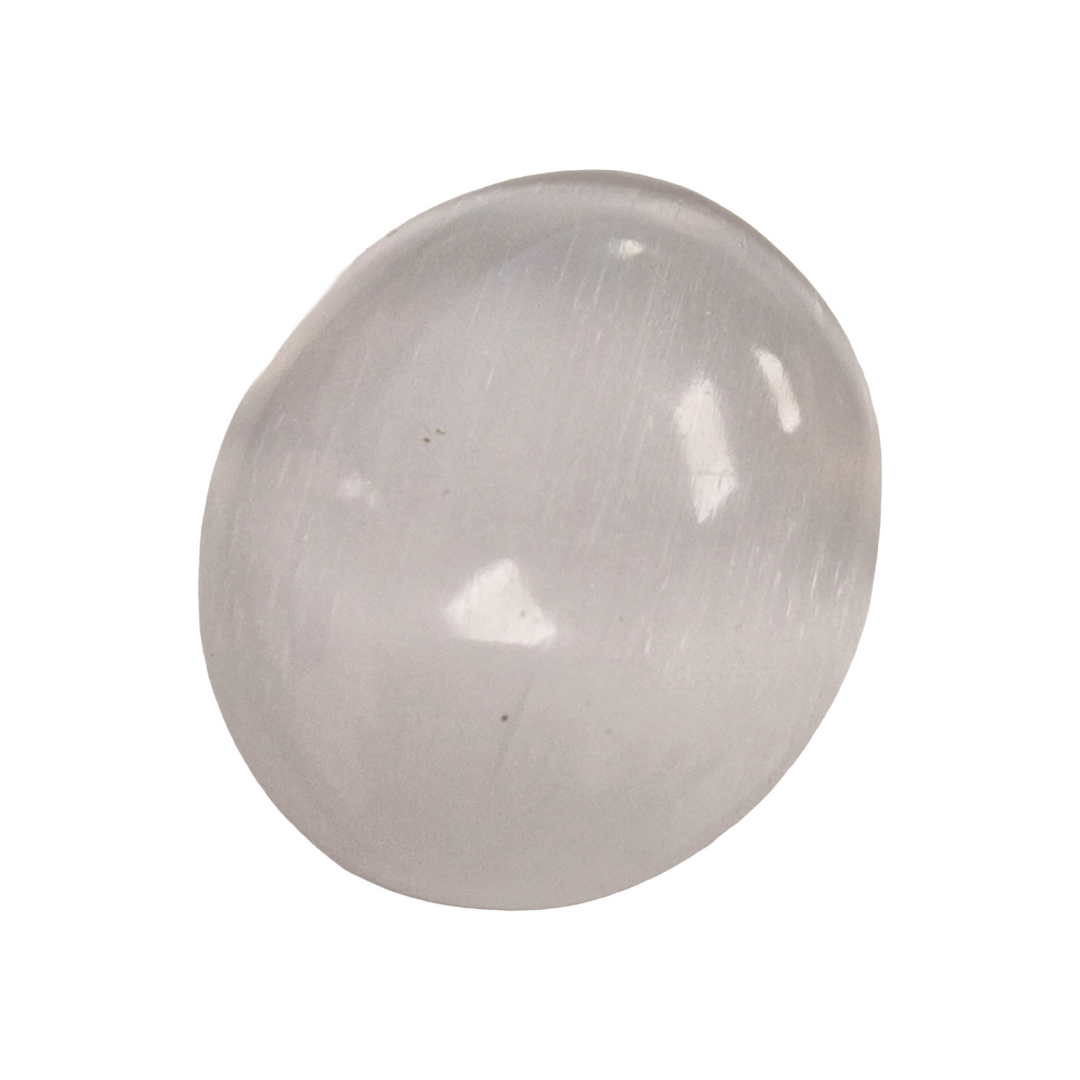 Selenite Palm Stone 50 mm shown on white background.