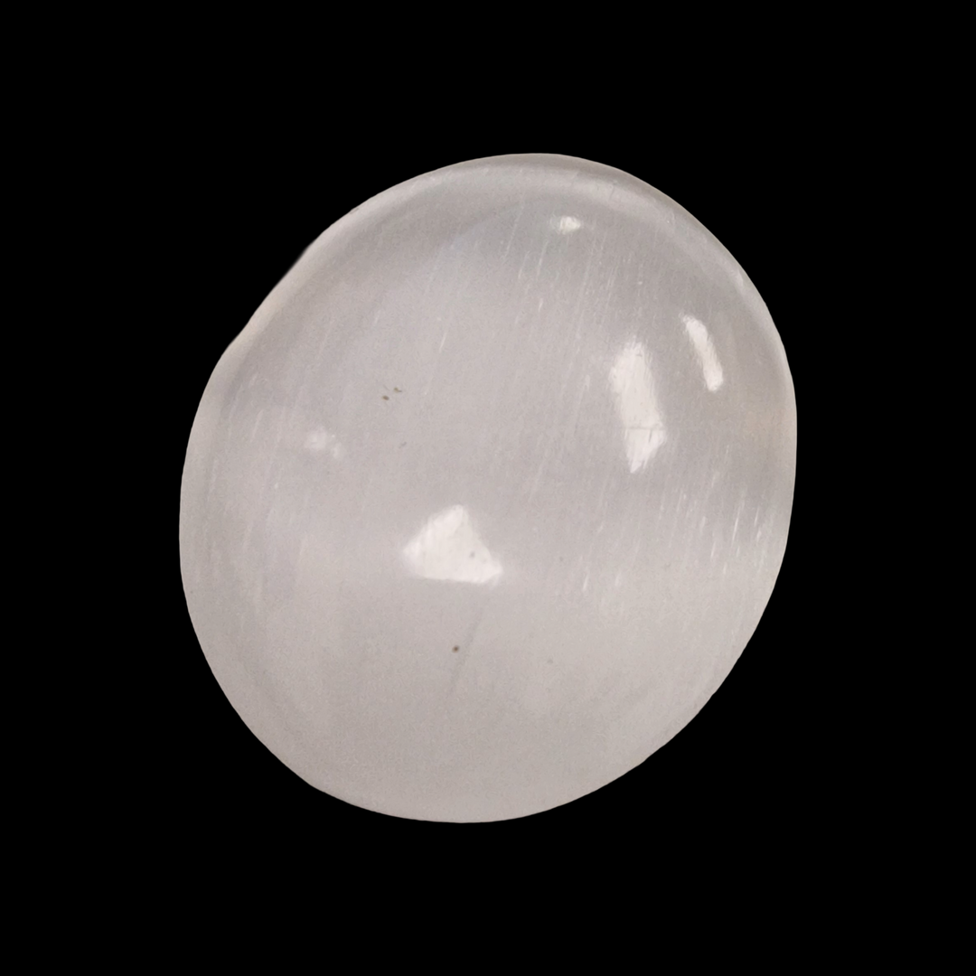 Selenite Palm Stone 50 mm shown on black background.