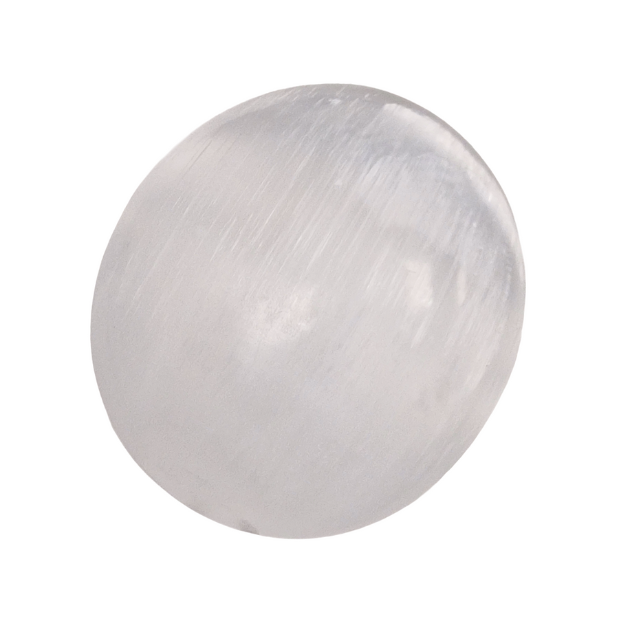 Selenite Palm Stone 70 mm shown on white background.
