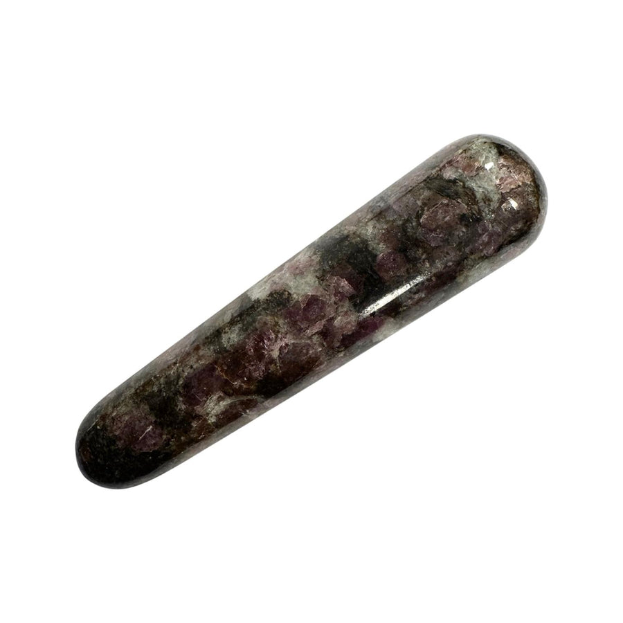 Polished Spinel in Biotite crystal massage wand featuring dark matrix tones with sparkling black Spinel inclusions, smooth cylindrical shape with rounded ends, used for grounding, protection, and deep energetic clearing in massage therapy