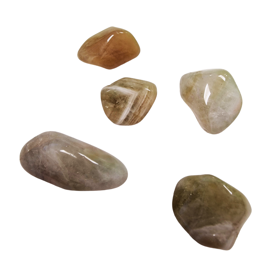 GeoFossils Amegreen (Green Amethyst) Tumble Stones – group of polished green and lilac crystals with natural banding