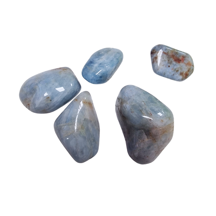 GeoFossils Aquamarine B Grade Tumble Stones – group of soft blue-green polished crystals with natural inclusions