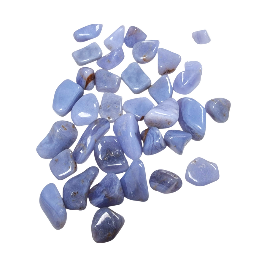 GeoFossils Blue Lace Agate Tumble Stones – group of polished soft blue and white banded crystals