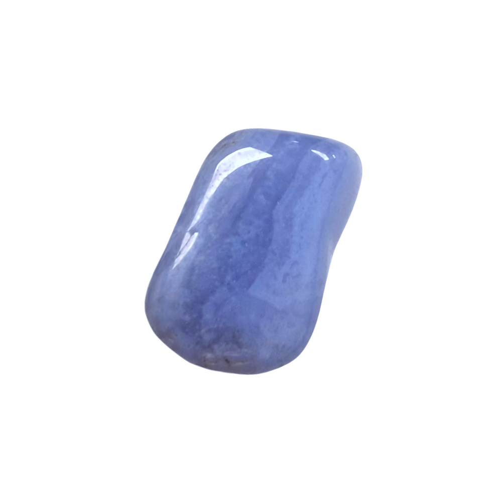 GeoFossils Blue Lace Agate Tumble Stone – single polished crystal showing delicate lace patterns