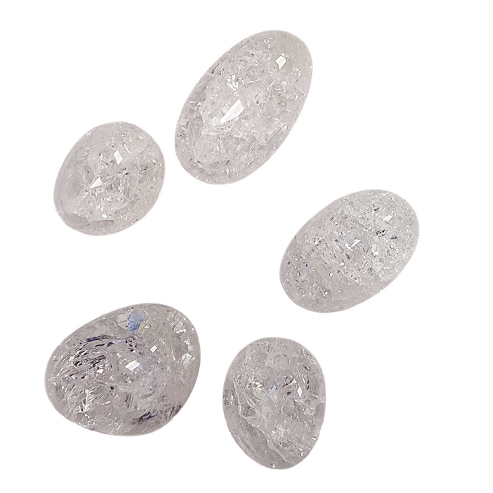 GeoFossils Fire & Ice Quartz (Crackle Quartz) Tumble Stones – group of polished rainbow fracture quartz crystals