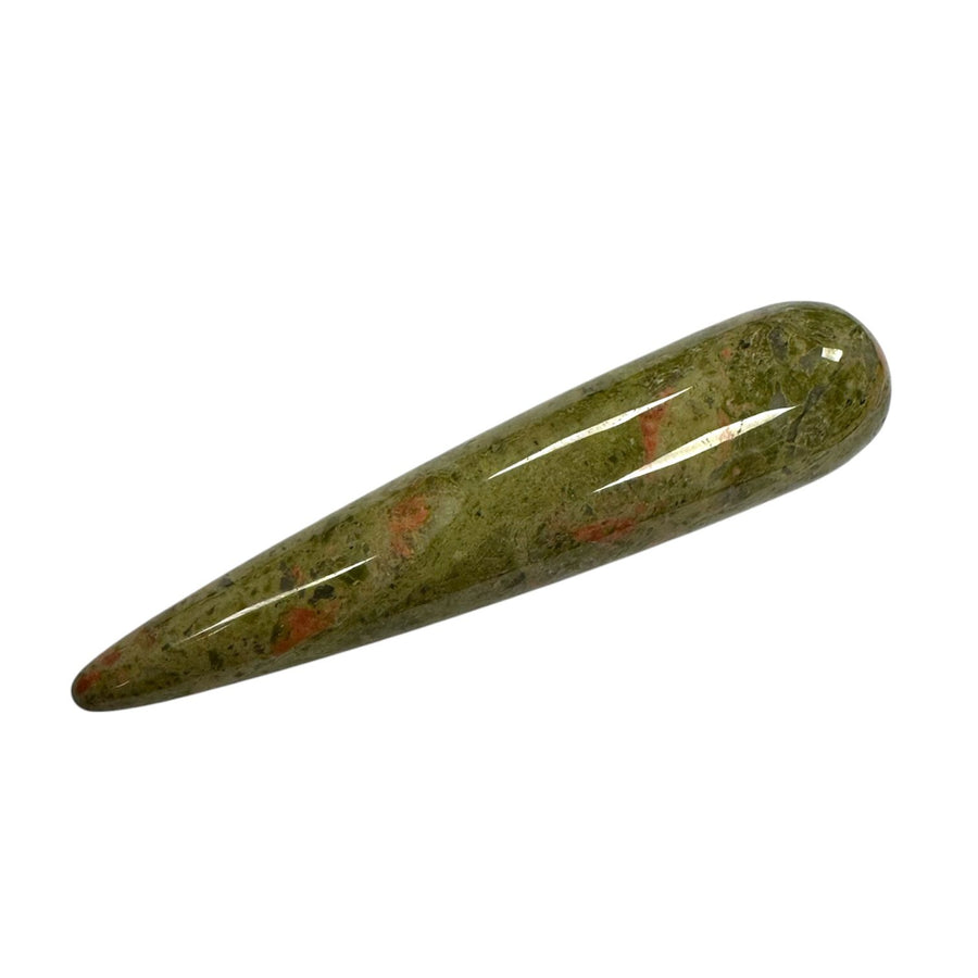 "Polished Unakite crystal massage wand featuring mottled shades of green and pink, with a smooth cylindrical body and rounded ends, designed for holistic massage and energy balancing