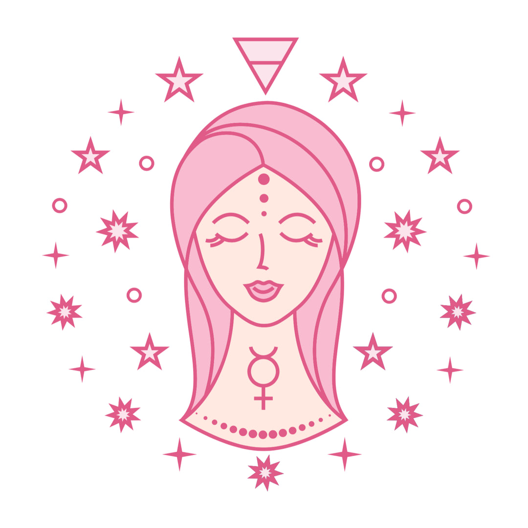 Illustration of a woman's face with pink hair and a symbol on a white background with pink stars.