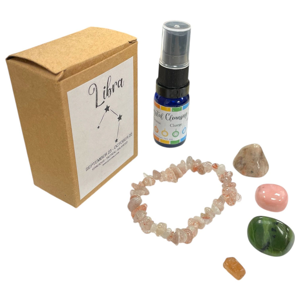 GeoFossils Libra Zodiac Crystal Set – Oregon Sunstone Bracelet and Crystals for Balance, Self-Love and Radiant Energy