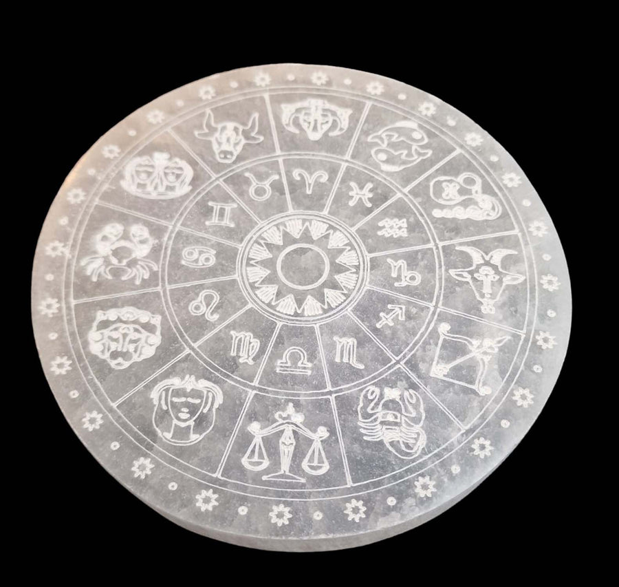 GeoFossils Selenite Zodiac Charging Disc 15cm – large moon ritual plate with Zodiac symbols