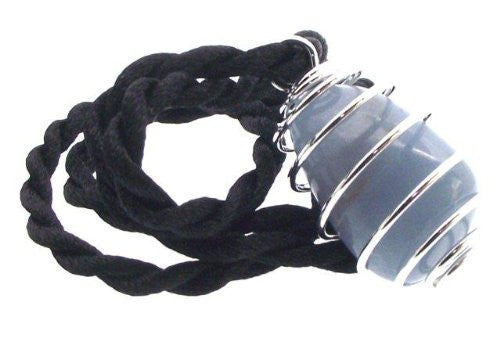 Angelite Polished Tumble Stone Spiral Pendant Blue oval, shiny stone in a metal spiral cage connected to black string