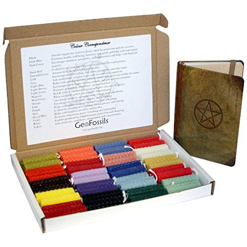 21 Beeswax candles, red, yellow, black, orange, green, purple, white with Blank book of shadows