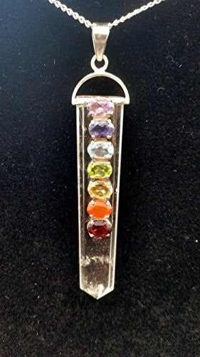 Chakra Quartz Pendant with Faceted Gemstones. Garnet - Root Chakra, Carnelian - Sacral Chakra, Citrine - Solar Plexus, Peridot - Heart, Aquamarine - Throat Chakra, Iolite - Third Eye and Amethyst - Crown Chakra in Sterling Silver with Chain