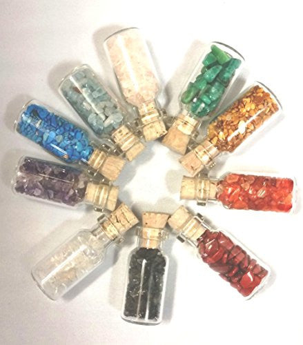10 Glass bottles with a cork stopper, red, orange, yellow, green, white, clear, black, purple and blue