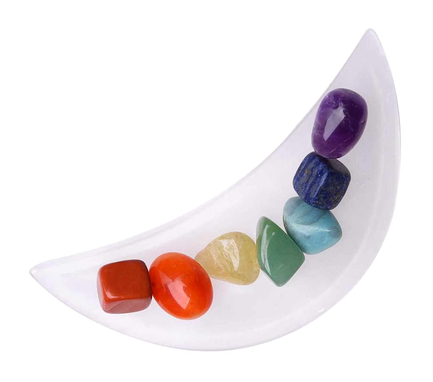 GeoFossils Crescent Moon with Chakra  stones, red, orange, yellow, green, blue, purple