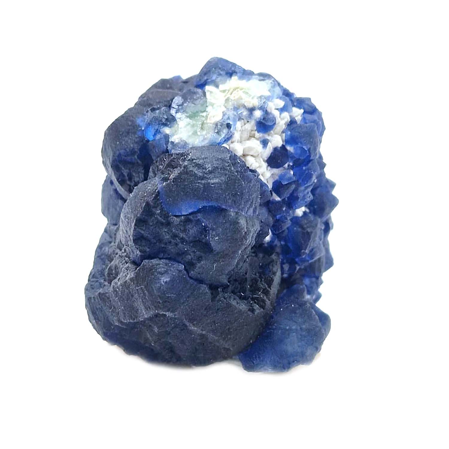 GeoFossils Blue Dodecahedral Fluorite #1 on quartz Cores.  Location | Shaft 4 Huanggang Mines, Hexigten Banner, Inner Mongolia, China