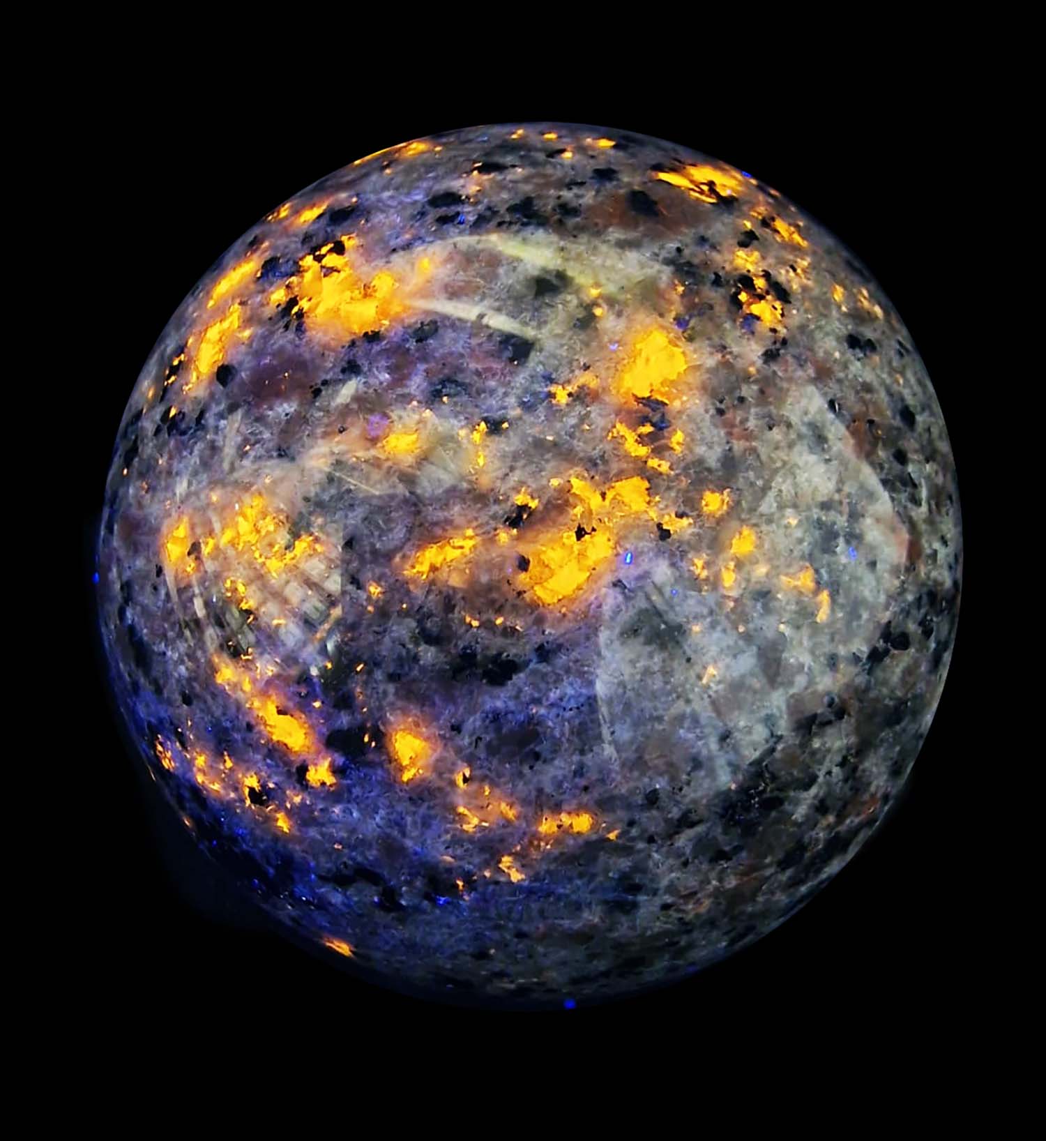 GeoFosils Yooperlite Sphere UV Reactive on Longwave, Mottled with bright orange , healing crystals, negativity