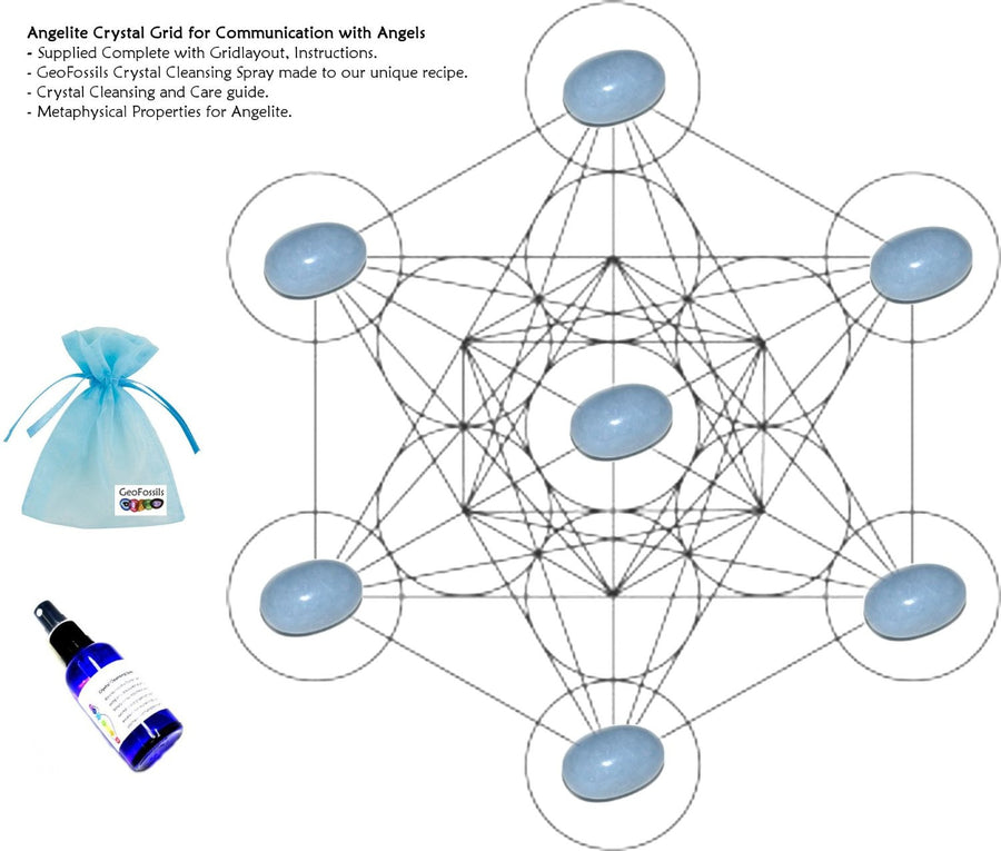 GeoFossils Angelite Crystal Grid For Communication With Angels Crystal grid, cleansing spray, 7 blue crystals and blue bag