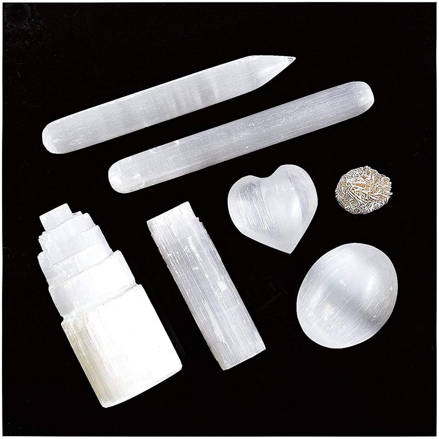 Luna Energy Infused Complete 7pcs Selenite Crystal Healing Set. Includes - Selenite Tower, 1 Oval, 1 Heart, 3 Wands inc point and Desert Rose