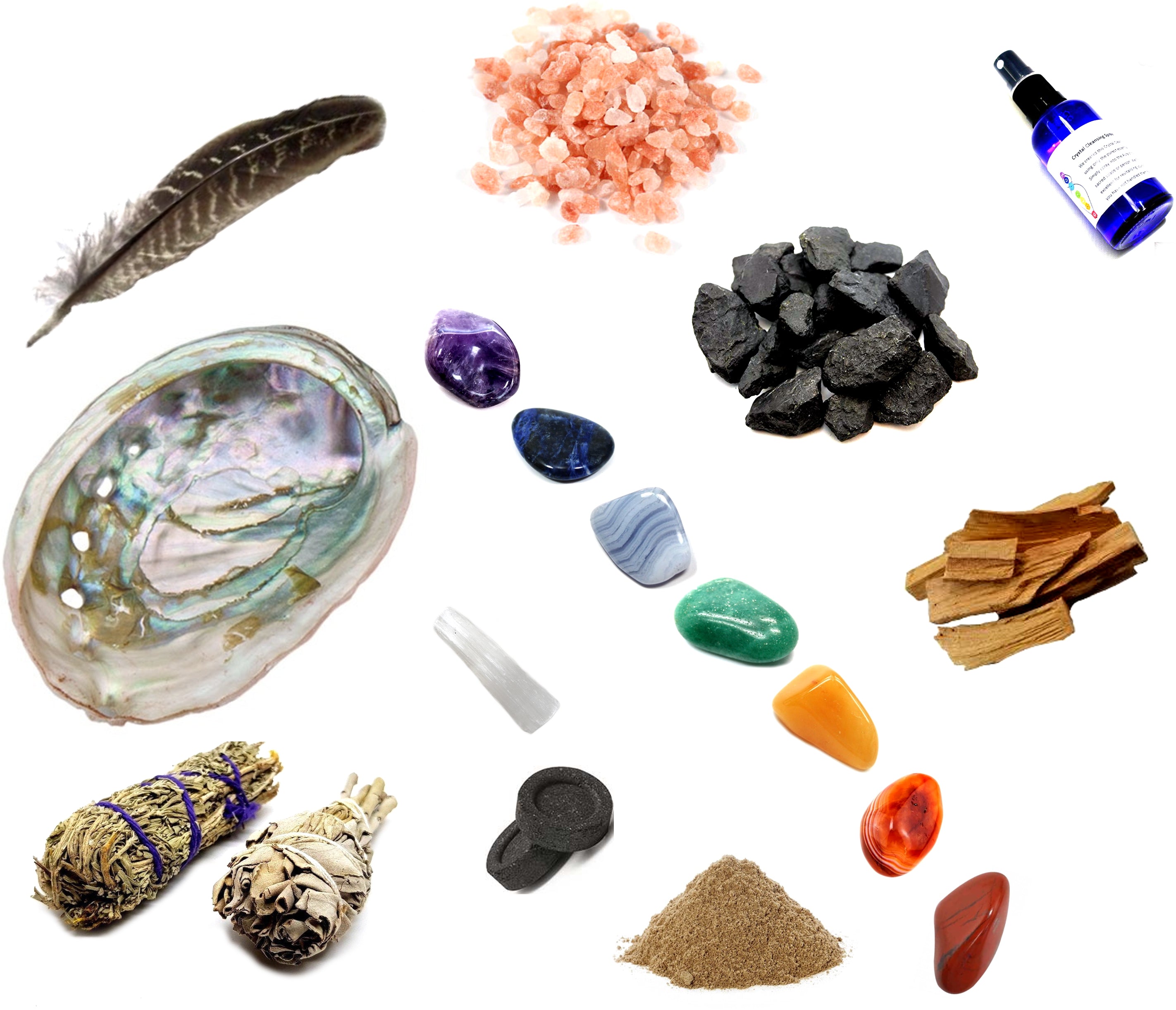 Feather, Sage, Spray bottle, minerals, red, orange, yellow, green, light blue, dark blue and purple