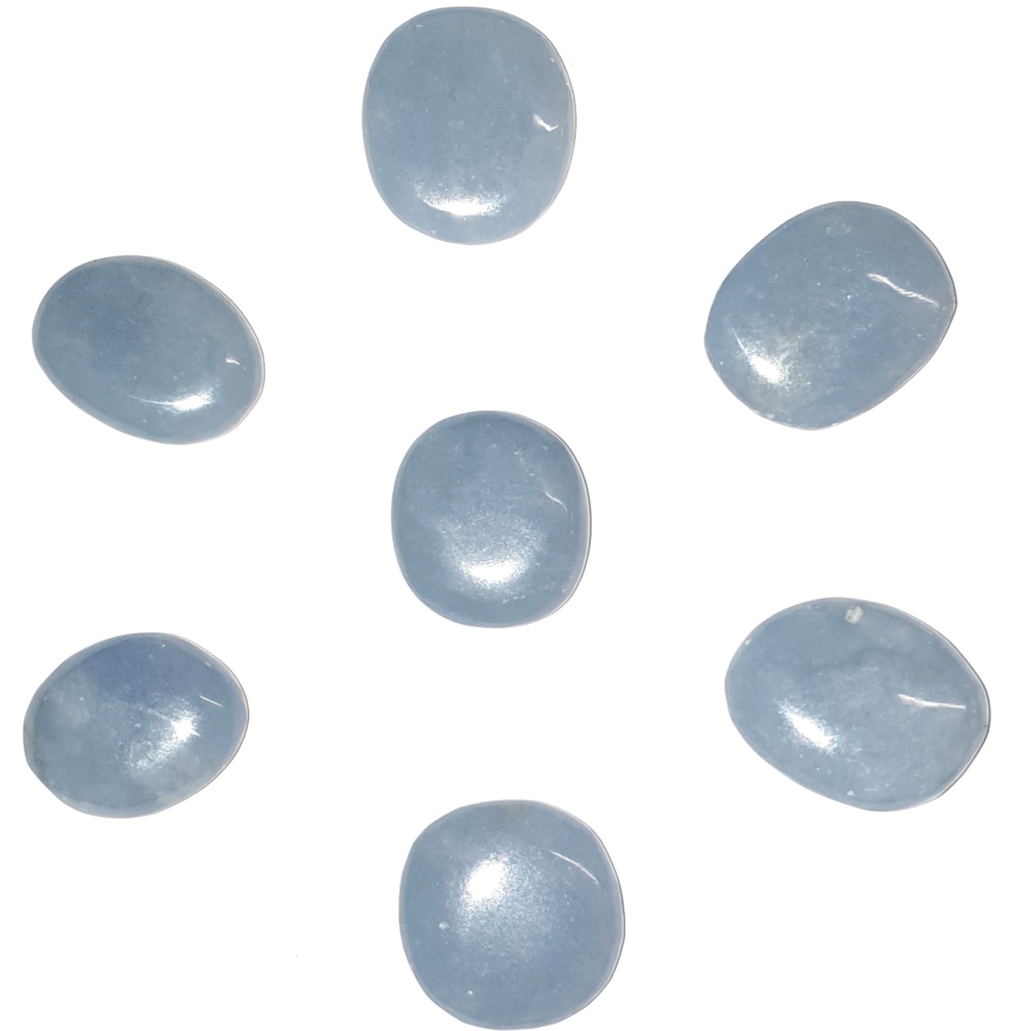 Angelite Mini Ovals are approx 20mm long.  Each Oval has been hand polished.  Angelite is such a beautiful crystal to use for Grid Work, laying on the body. This excellent balancing crystal agent, which polarises, aligns the physical body with the ethereal network.  When used as an Elixir creates a protective shield around the physical body.