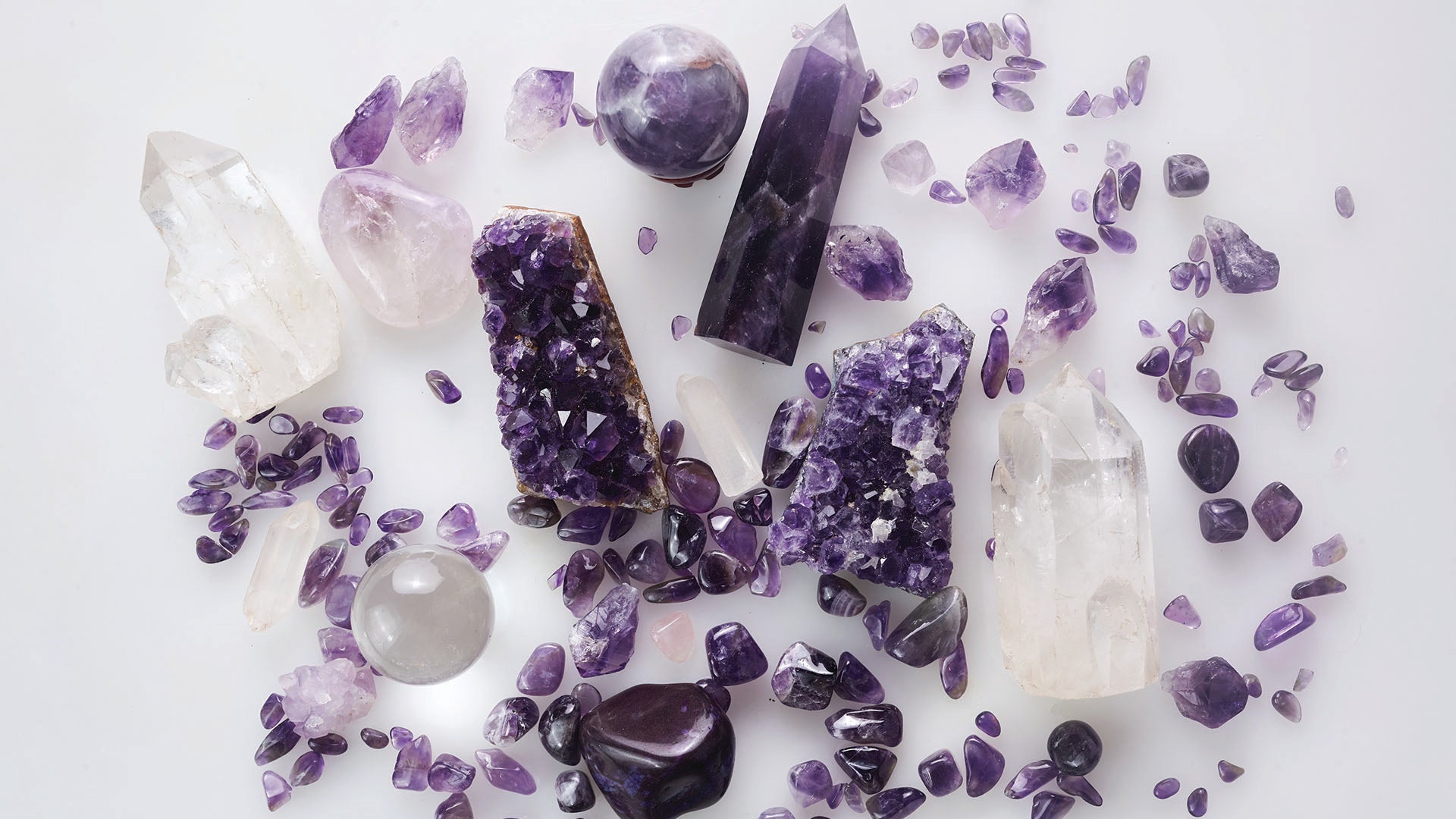 Various types of Amethyst shapes, heart, obelisk, cluster Amethyst tumble stones, chips