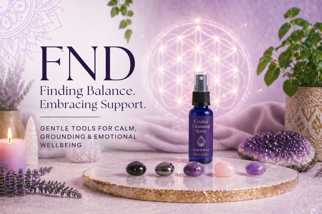 Crystals for calm and stress relief with cleansing spray in a peaceful lifestyle setting supporting grounding and emotional wellbeing