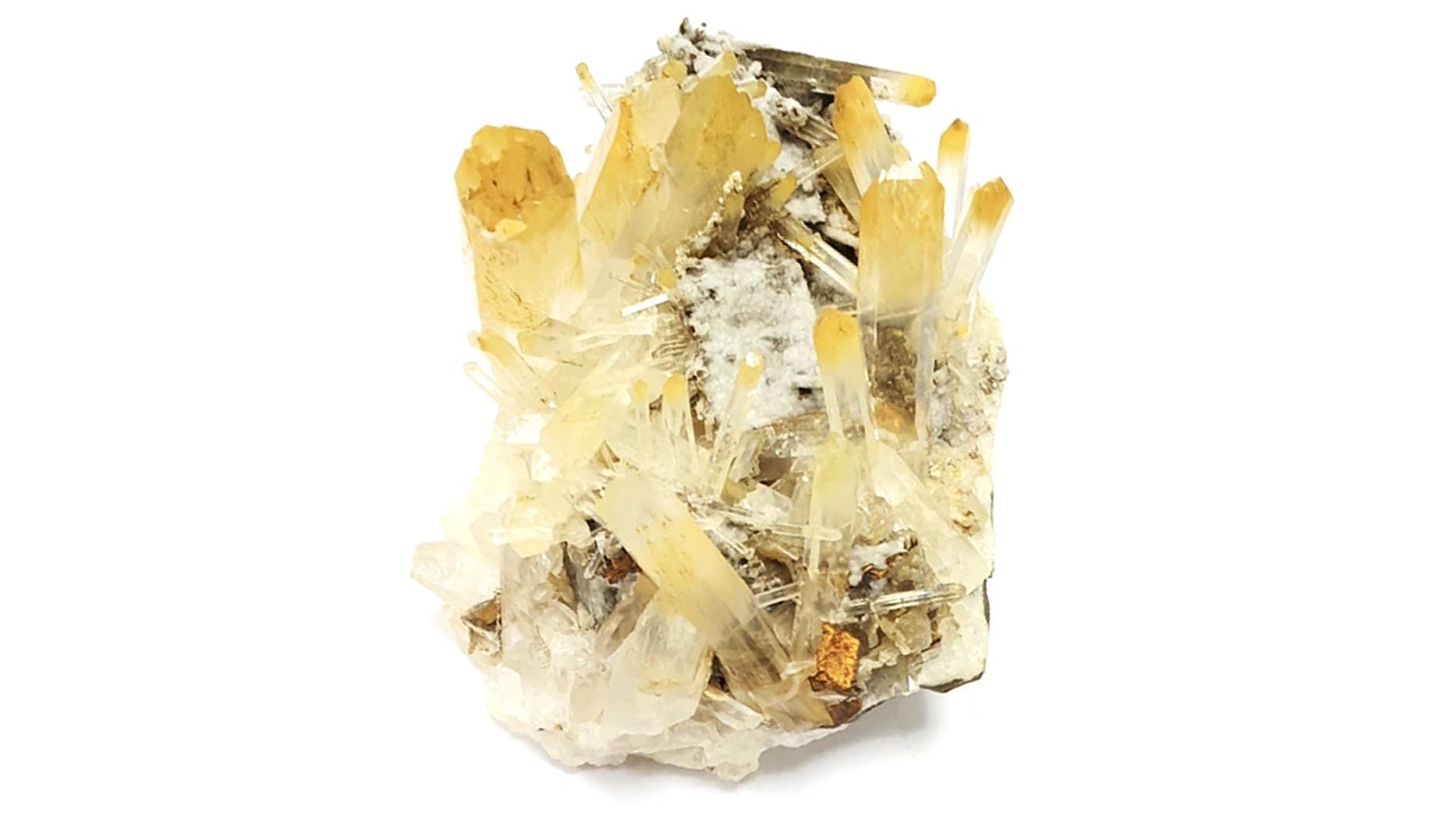 Mango Quartz, Needle Crystals, Crystal Quartz, Yellow Sparkly on matrix