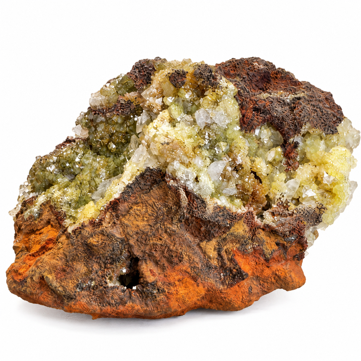 GeoFossils Adamite specimen 182 in daylight, showing pale yellow to clear crystals across a reddish-brown mineral matrix.