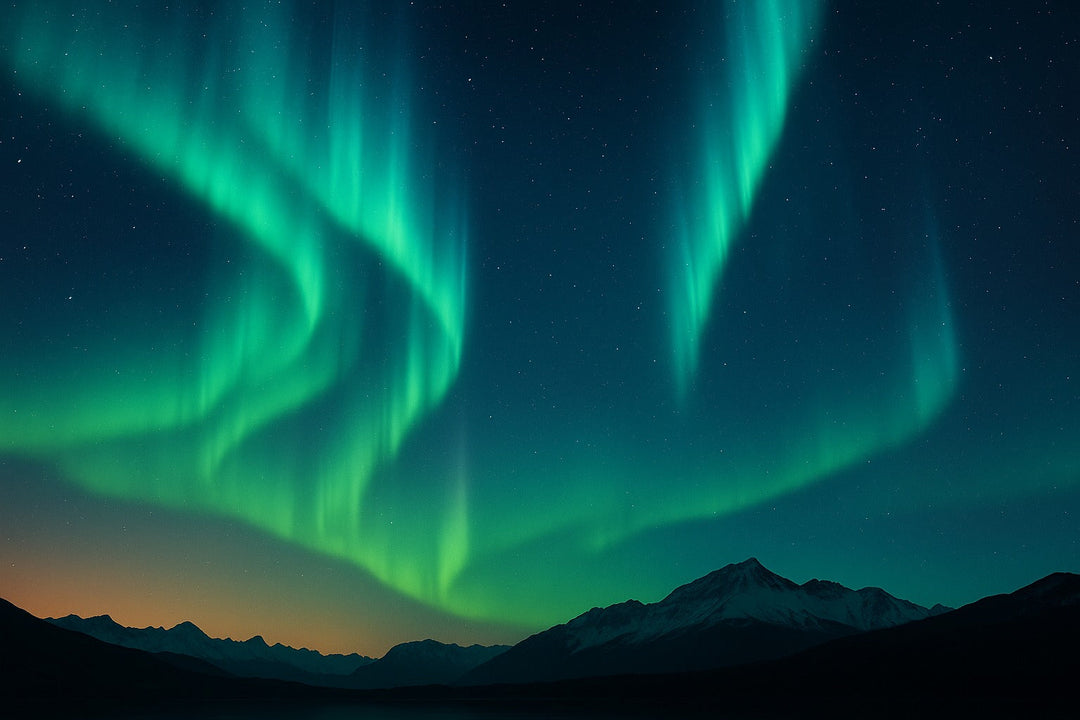 Aurora Borealis over mountain range at twilight, representing celestial energy and natural beauty behind the Aura Vitae luxury candle collection. Perfect for spiritual self-care, dawn to night rituals, and eco-conscious home fragrance lovers.