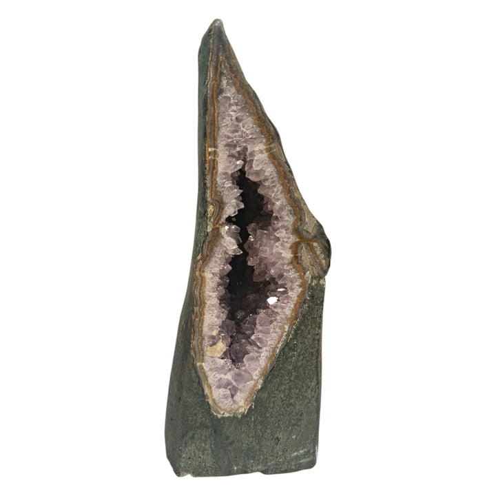 Unique elf ear-shaped amethyst geode with deep purple crystals, standing upright and weighing 1.79kg, ideal for home décor or spiritual spaces.