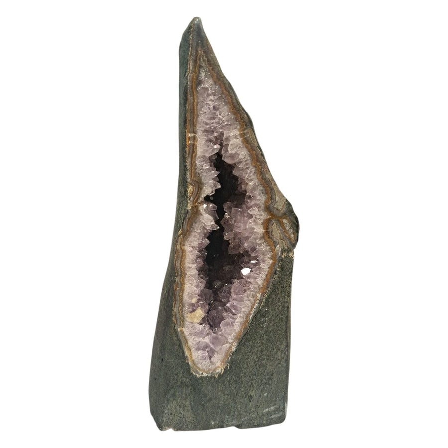 Unique elf ear-shaped amethyst geode with deep purple crystals, standing upright and weighing 1.79kg, ideal for home décor or spiritual spaces.