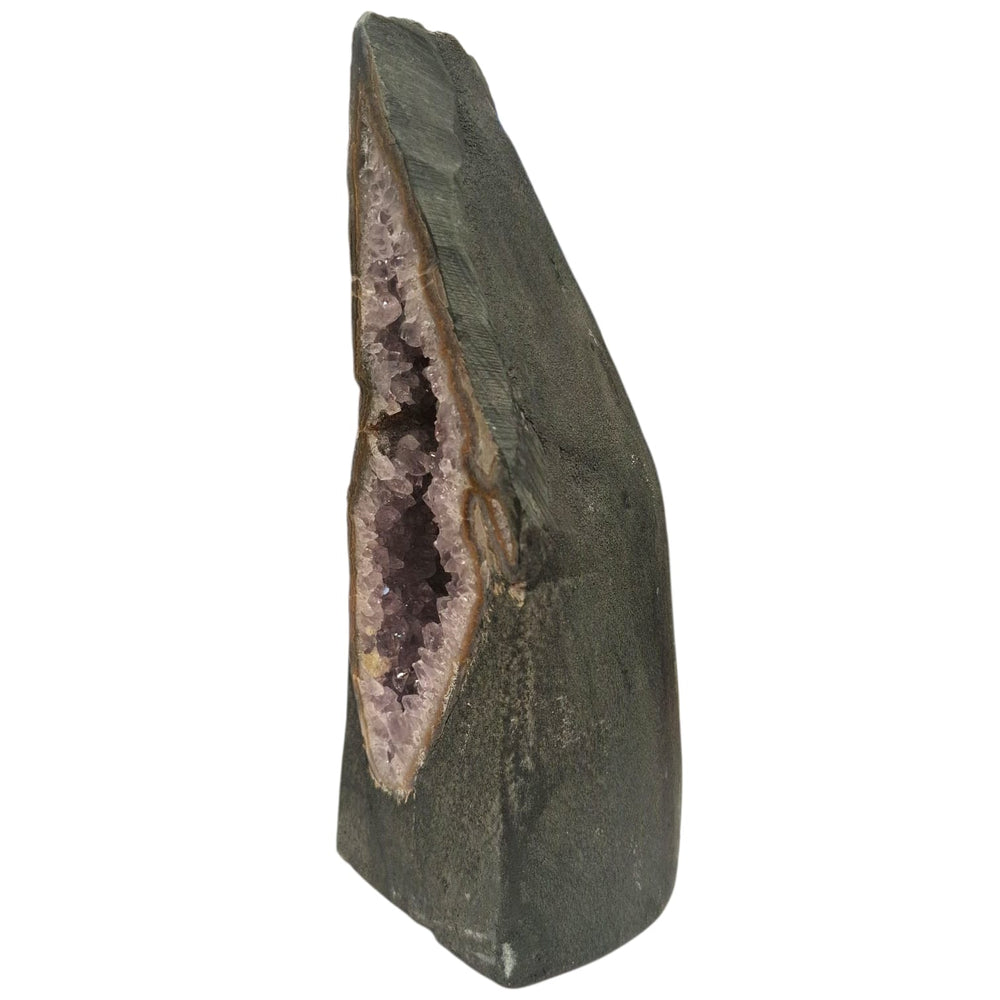 Unique elf ear-shaped amethyst geode with deep purple crystals, standing upright and weighing 1.79kg, ideal for home décor or spiritual spaces. Side Profile