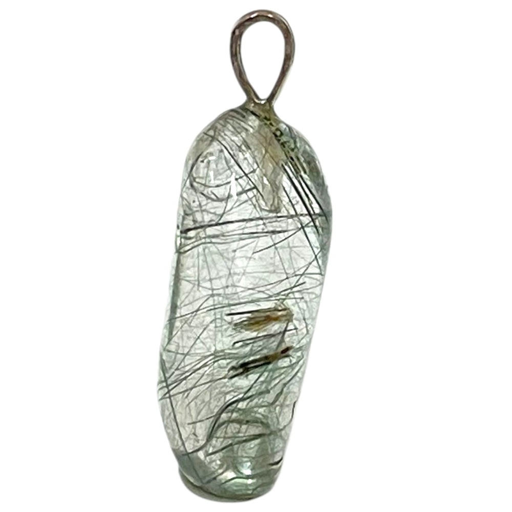 Actinolite Quartz pendant with green-black inclusions in clear quartz set in hallmarked sterling silver – crystal necklace for protection, detox and emotional strength