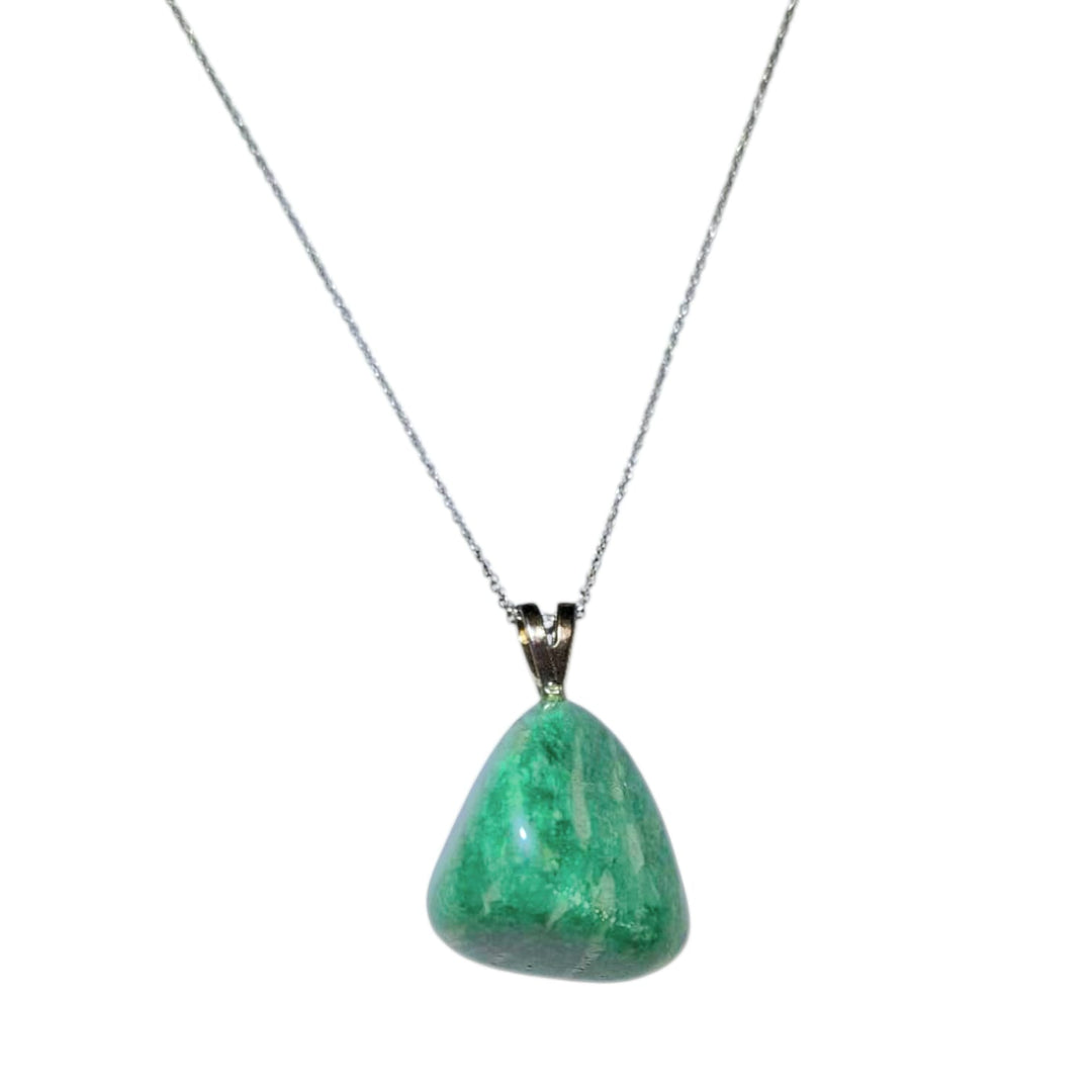 Amazonite crystal pendant in sterling silver setting – calming turquoise and green tones for emotional balance and empowered communication