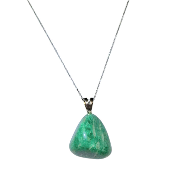 Amazonite crystal pendant in sterling silver setting – calming turquoise and green tones for emotional balance and empowered communication